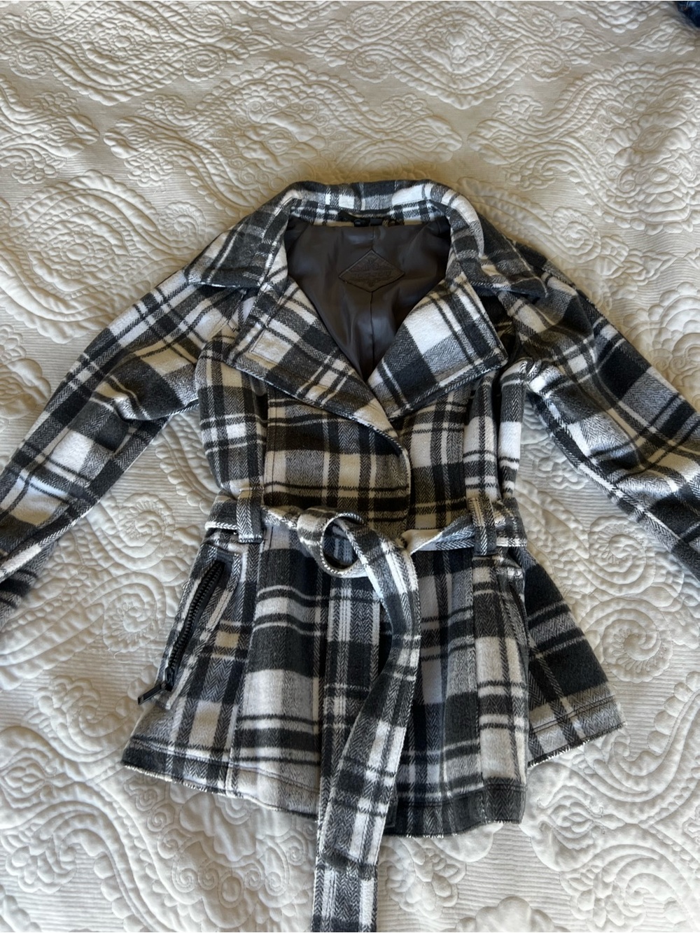 Jou Jou Black & White Plaid Belted Pea Coat